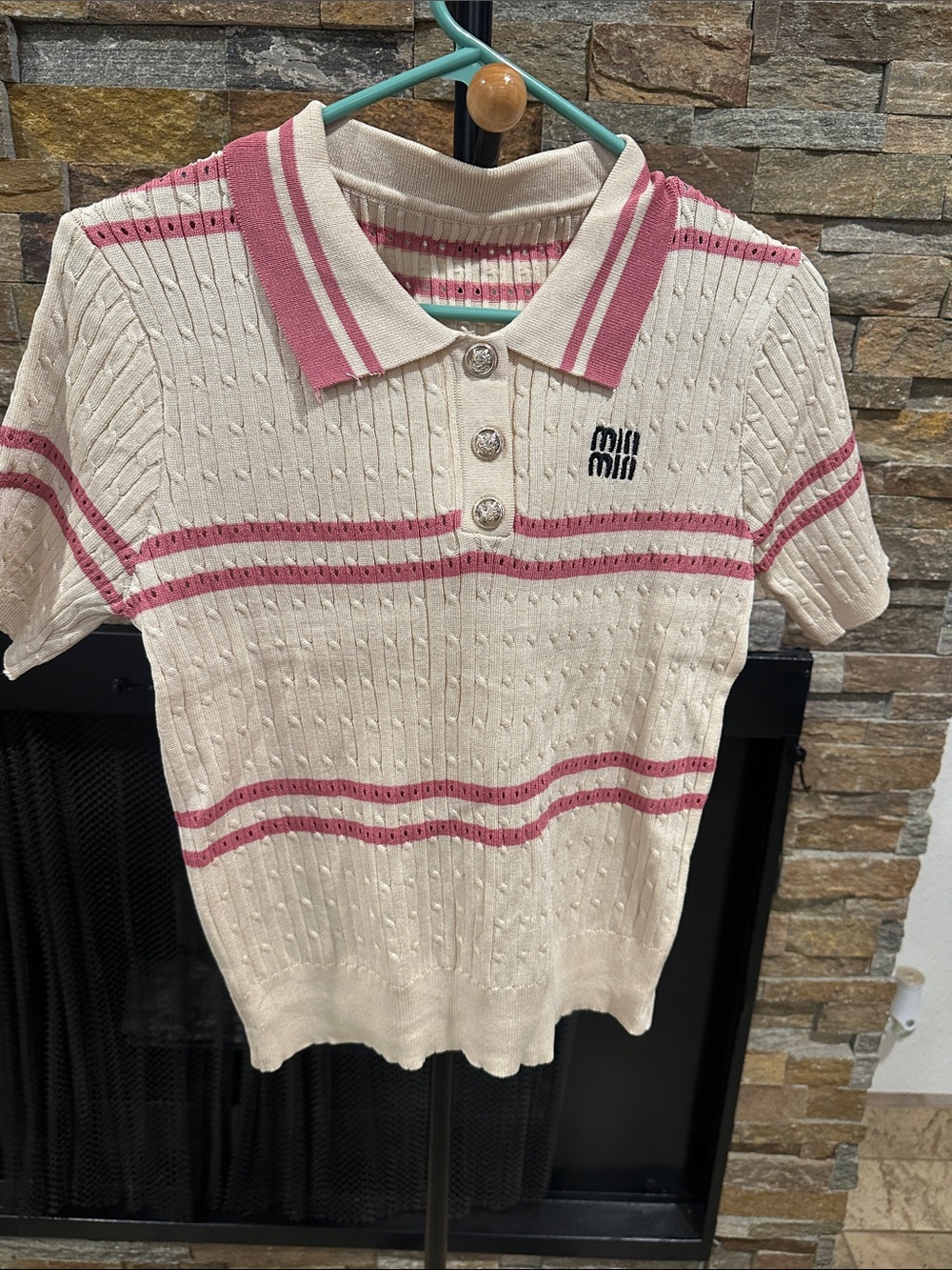 Pink-Trim Cable Knit Polo Top size S